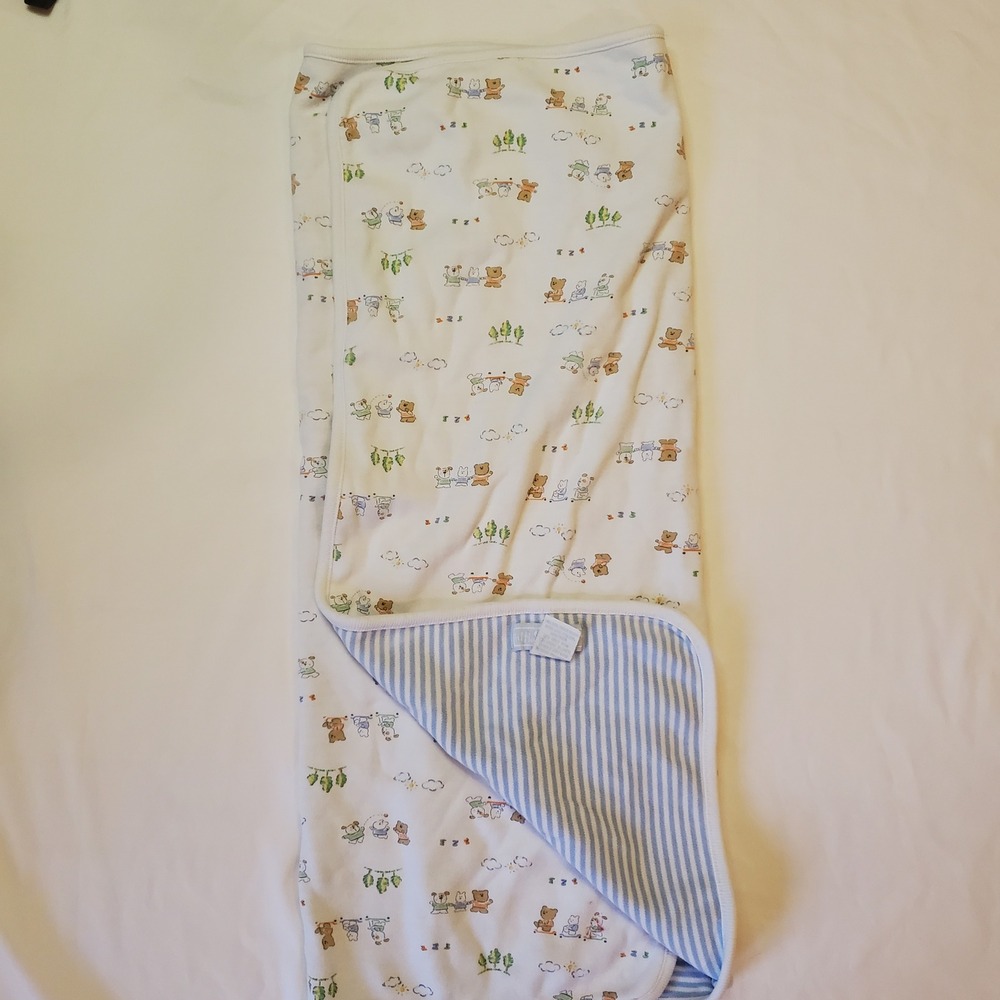 Little Newcomers Baby Boys 9M Blue White Stripe Bear Print‎ Cotton Blanket